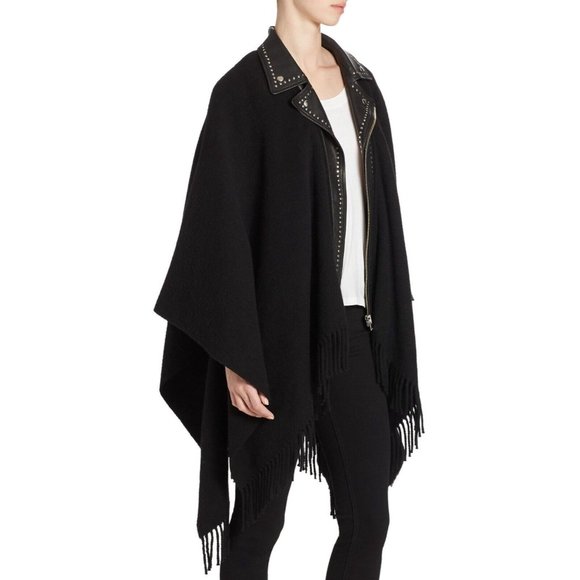 The Kooples - Black Wool Blend Zip-Up Fringed Poncho w/ Studded Leather Trim OS - Picture 6 of 6